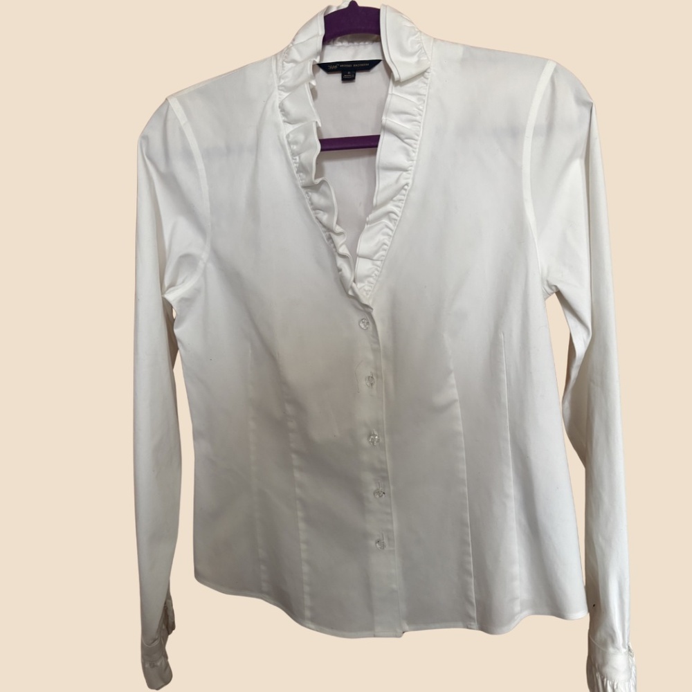 Brooks Brothers White Button Down Blouse with Ruffle Neckline Size 8